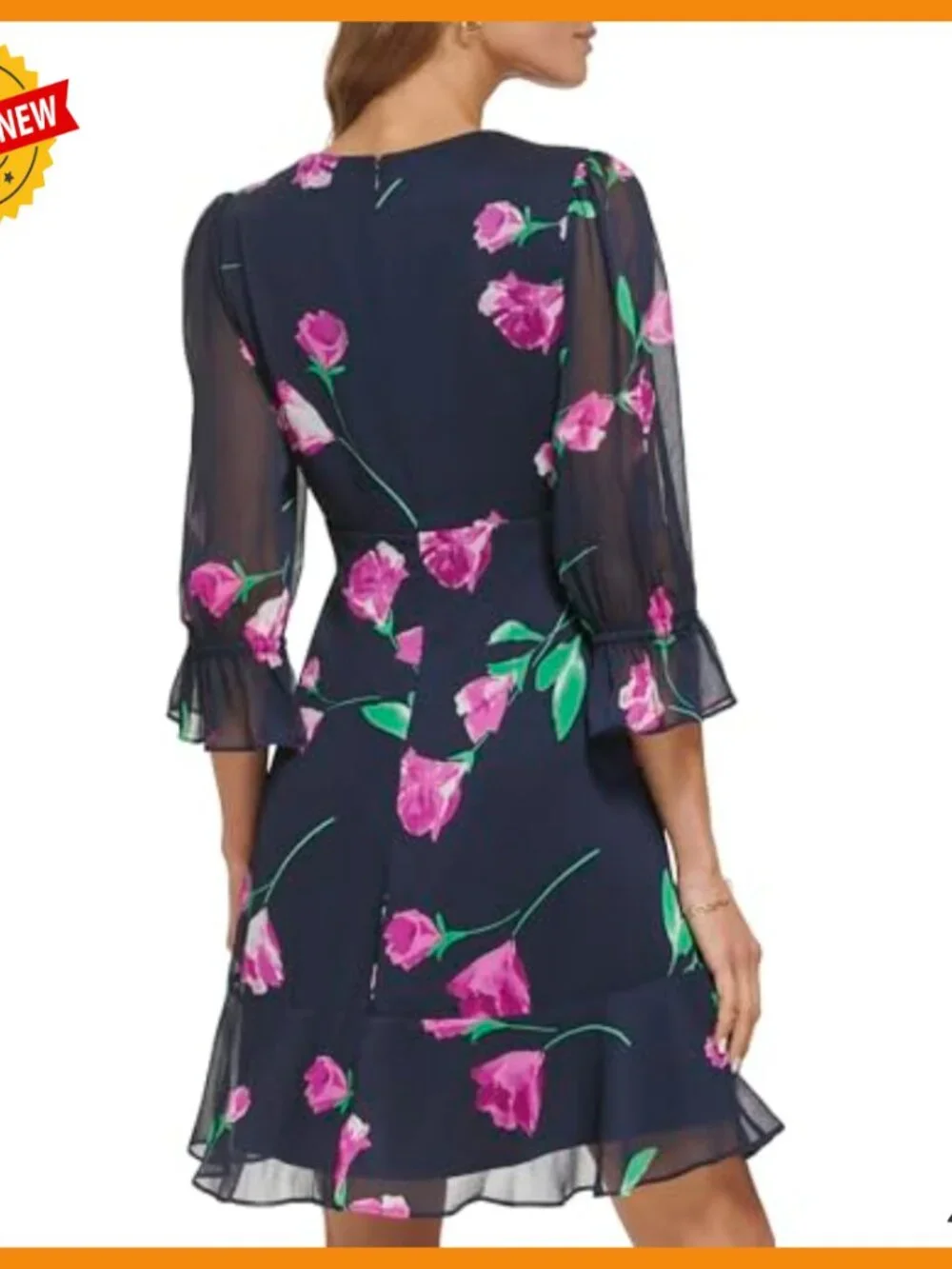 V-Neck Balloon Sleeve Ruffle Hem Dress Casual Chiffon 3/4 Sleeve - Picture 4 of 5